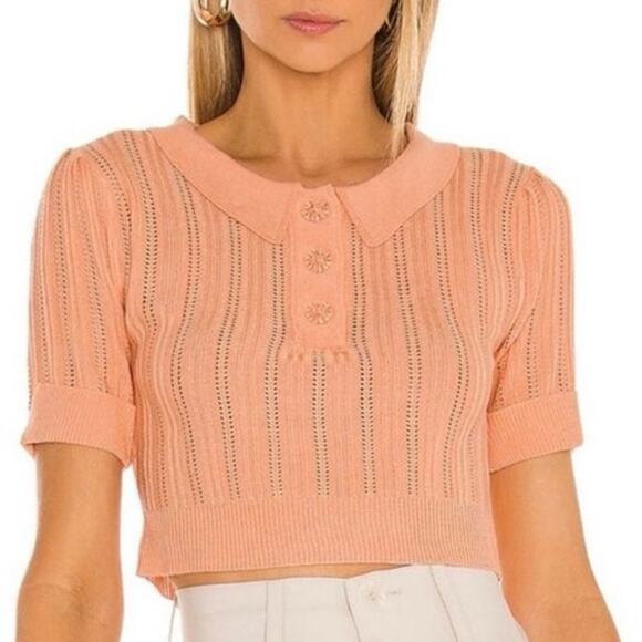 NWT For Love & Lemons Phoebe Pointelle Polo Sweater Sherbert - Picture 1 of 7